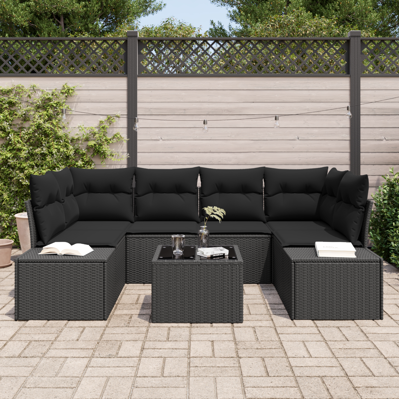 Set Divano Giardino 7 Pezzi con Cuscini Nero Rattan PE