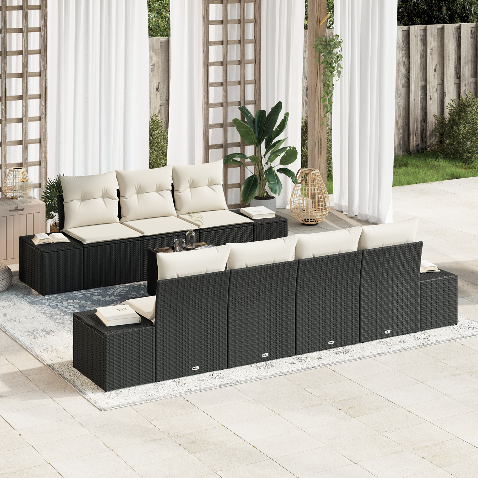 Set Divano da Giardino da 8 Pezzi con Cuscini Nero Polyrattan