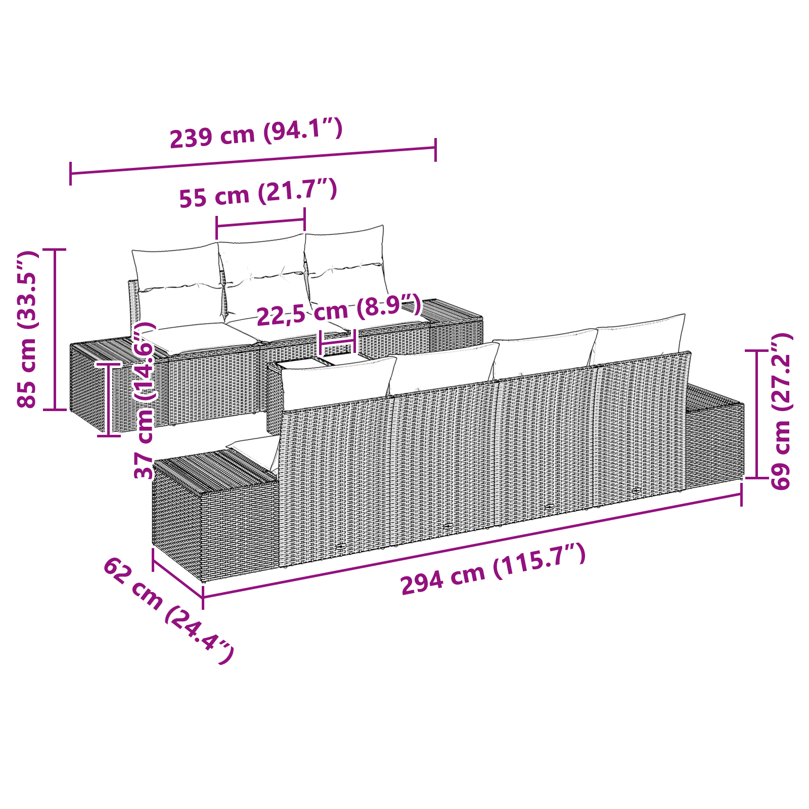 Set Divano da Giardino da 8 Pezzi con Cuscini Nero Polyrattan