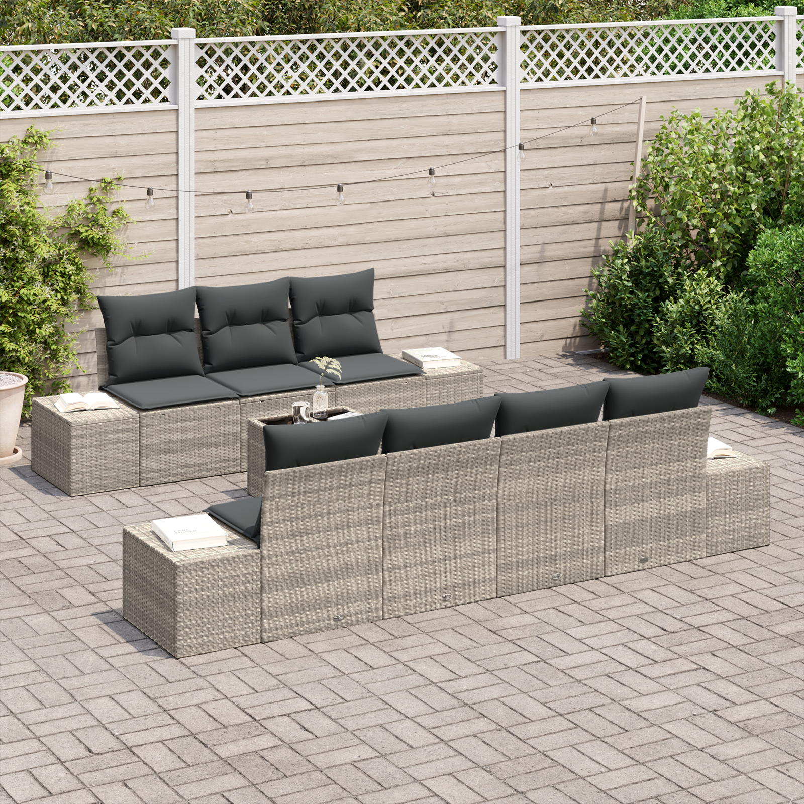 Set Divano da Giardino da 8 Pezzi con Cuscini Grigio Chiaro Rattan Sintetico