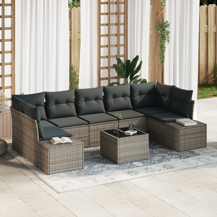 Set da Giardino 8 Pezzi con Cuscini Grigio Polyrattan