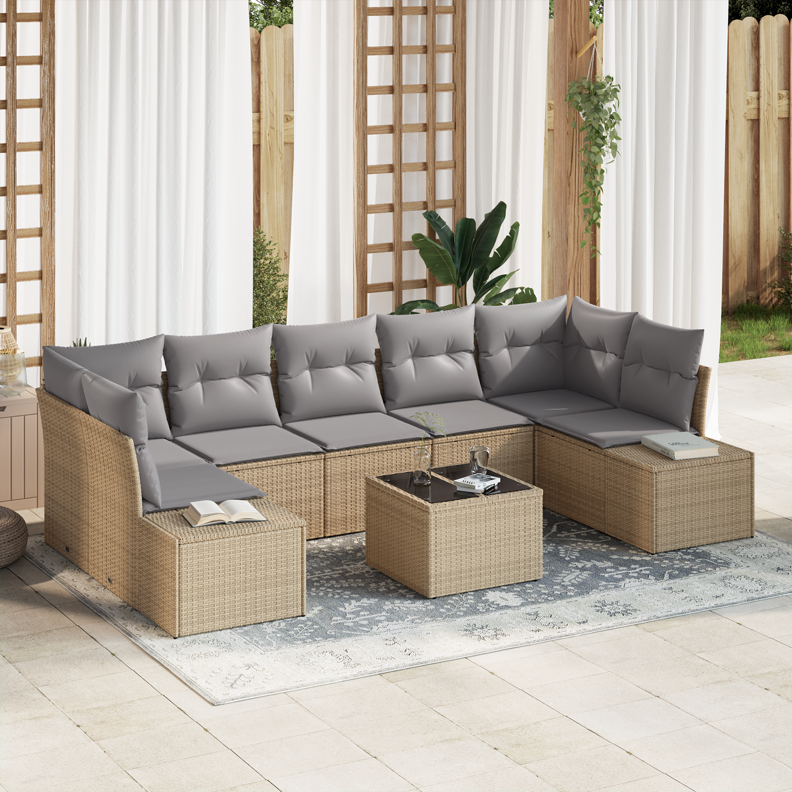 Set Divano da Giardino 8 Pezzi con Cuscini Beige Polyrattan