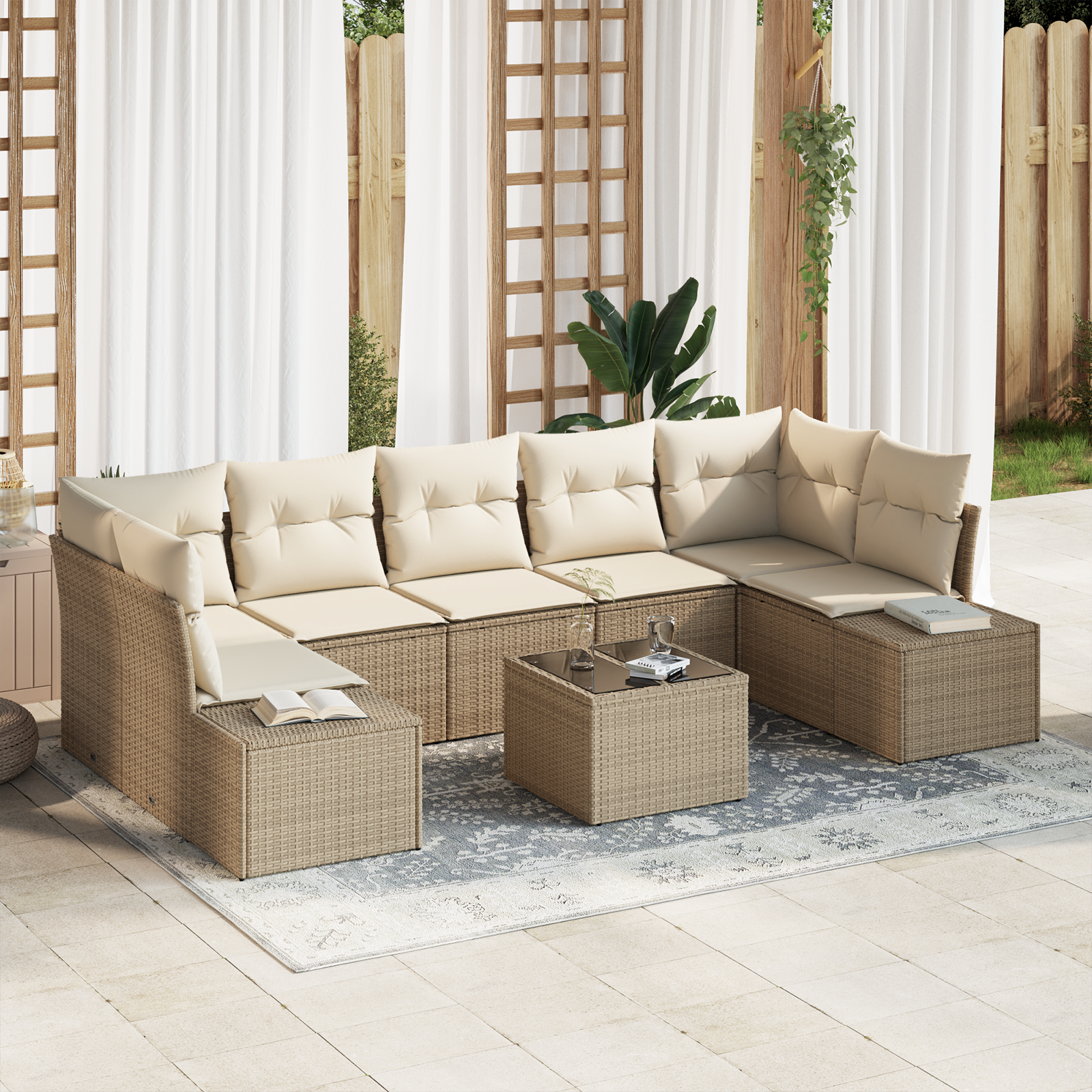 Set di 8 Pezzi Divano da Giardino con Cuscini Beige in Rattan Polivalente