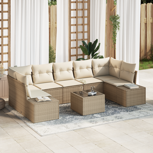 Set di 8 Pezzi Divano da Giardino con Cuscini Beige in Rattan Polivalente