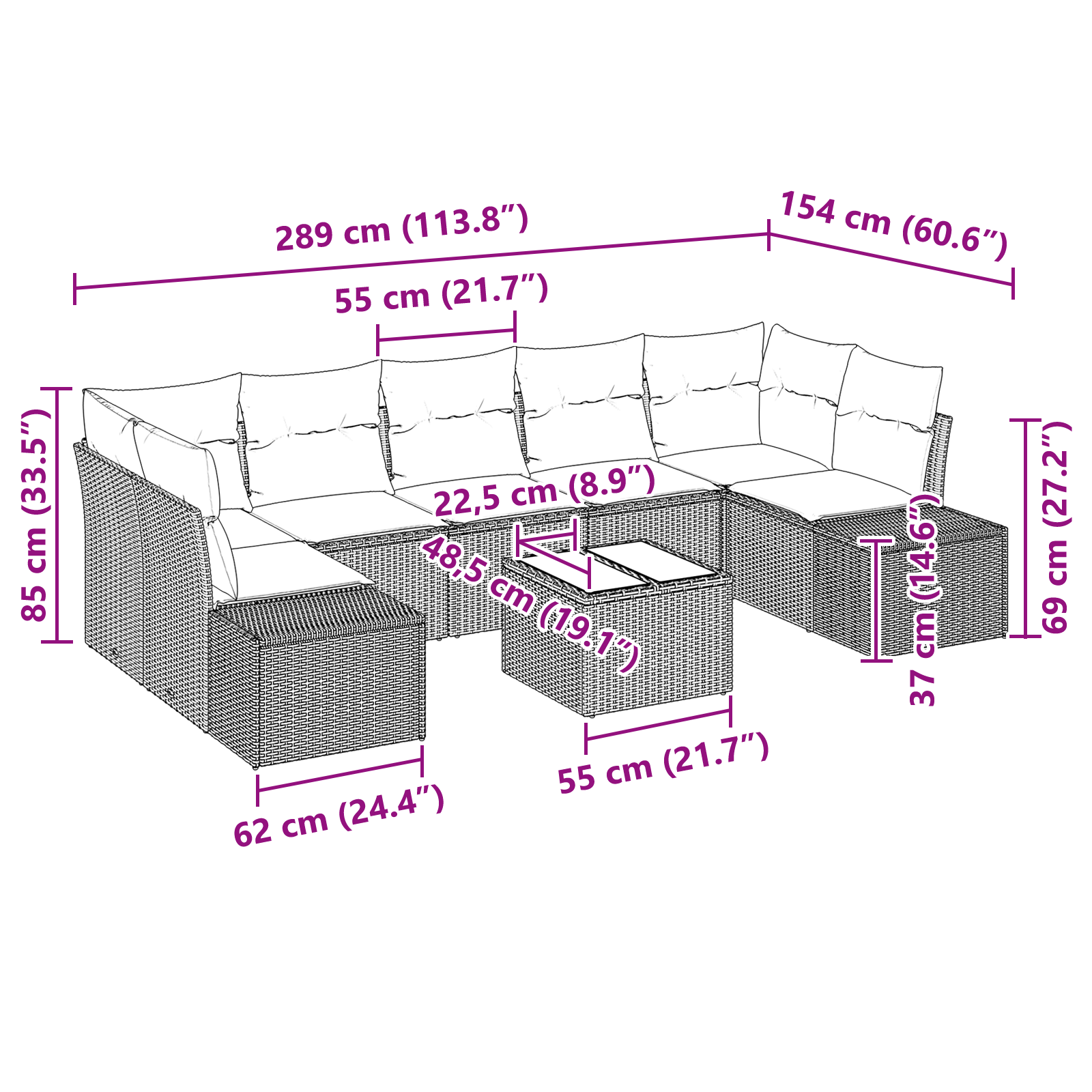 Set di 8 Pezzi Divano da Giardino con Cuscini Beige in Rattan Polivalente