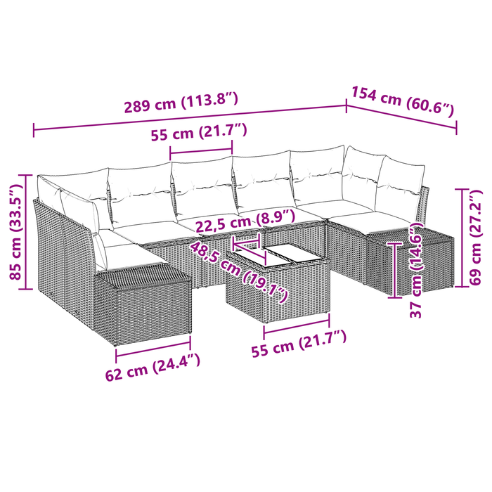 Set di 8 Pezzi Divano da Giardino con Cuscini Beige in Rattan Polivalente