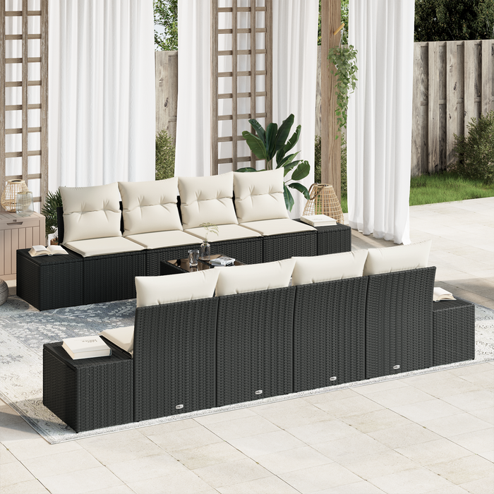 Set da giardino 9 pezzi con cuscini in polyrattan nero
