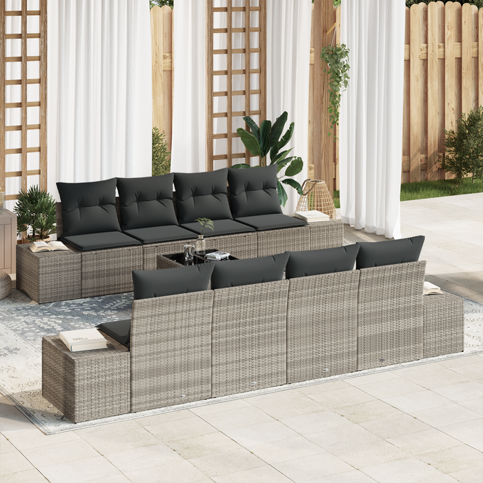 Set di Sofà da Giardino con Cuscini Grigio Chiaro in Polyrattan