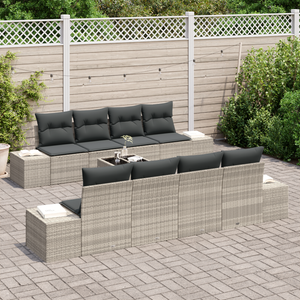 Set di Sofà da Giardino con Cuscini Grigio Chiaro in Polyrattan
