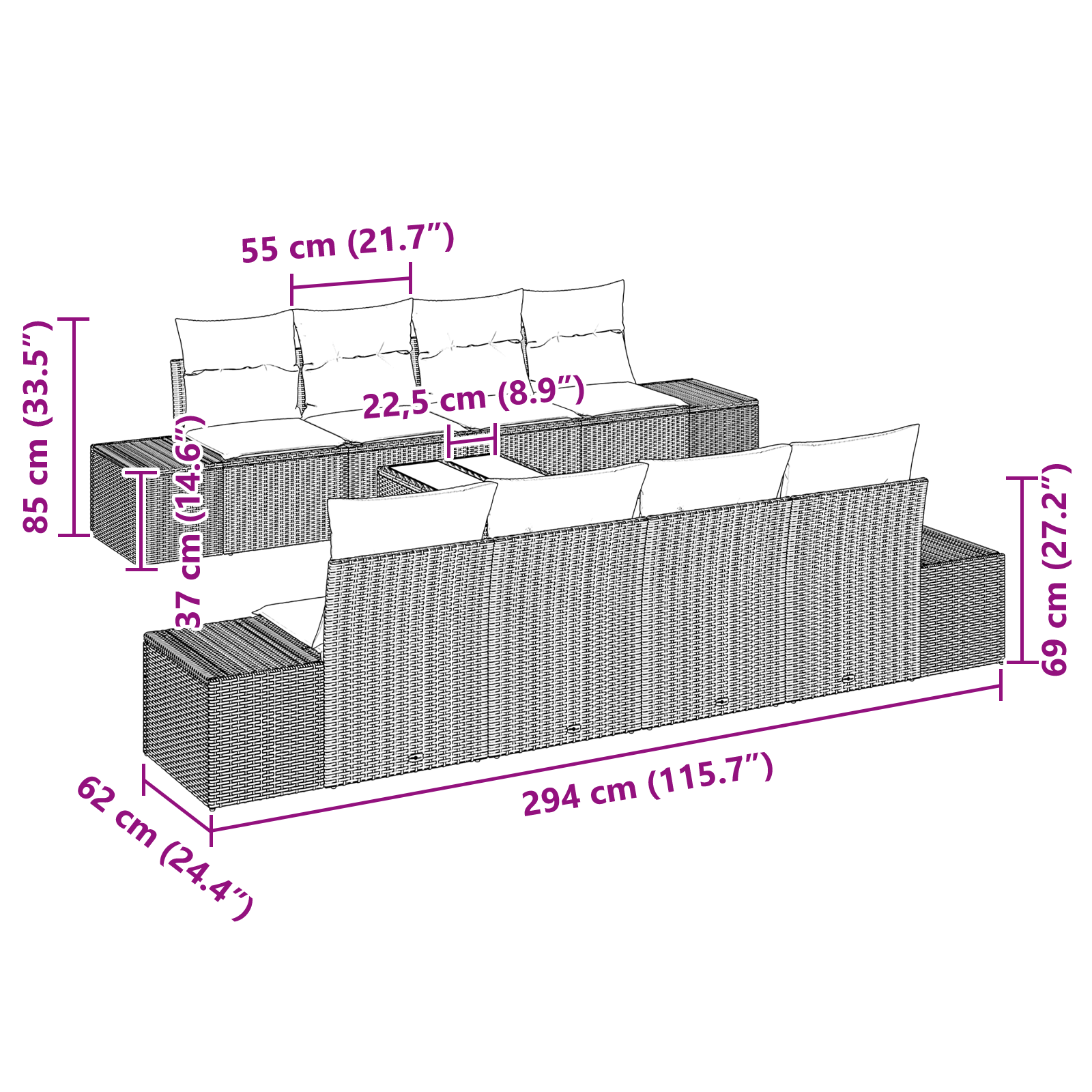 Set di Sofà da Giardino con Cuscini Grigio Chiaro in Polyrattan