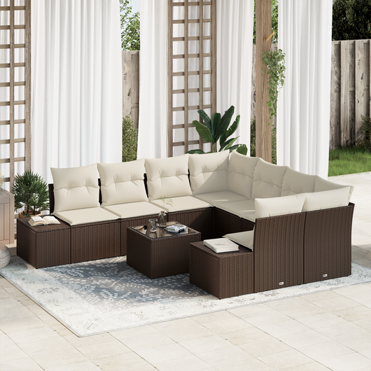 Set Divano da Giardino 9 Pezzi con Cuscini Marrone Polirattan