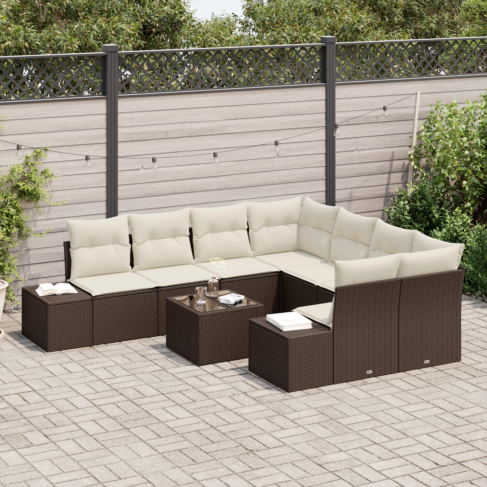 Set Divano da Giardino 9 Pezzi con Cuscini Marrone Polirattan