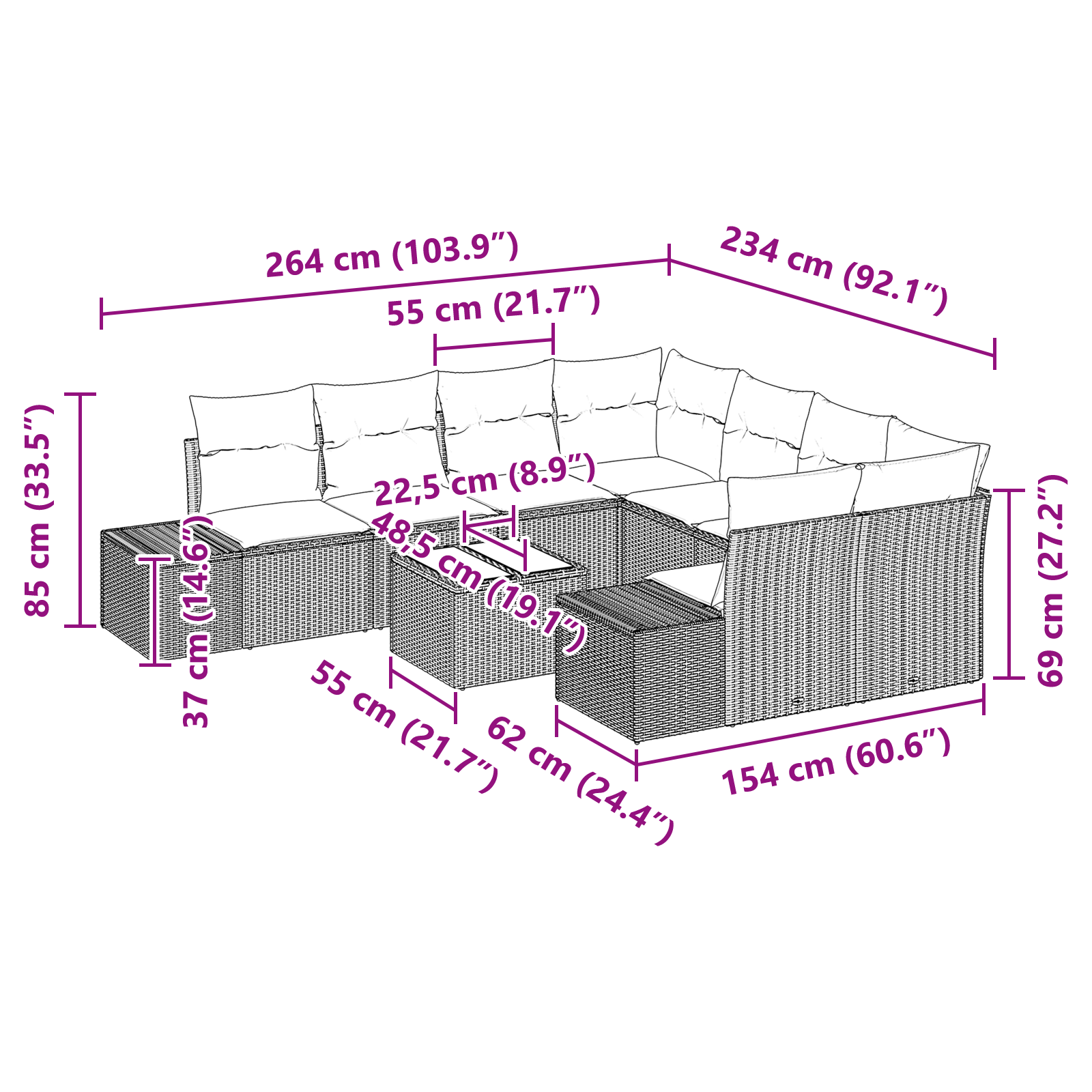 Set Divano da Giardino 9 Pezzi con Cuscini Marrone Polirattan