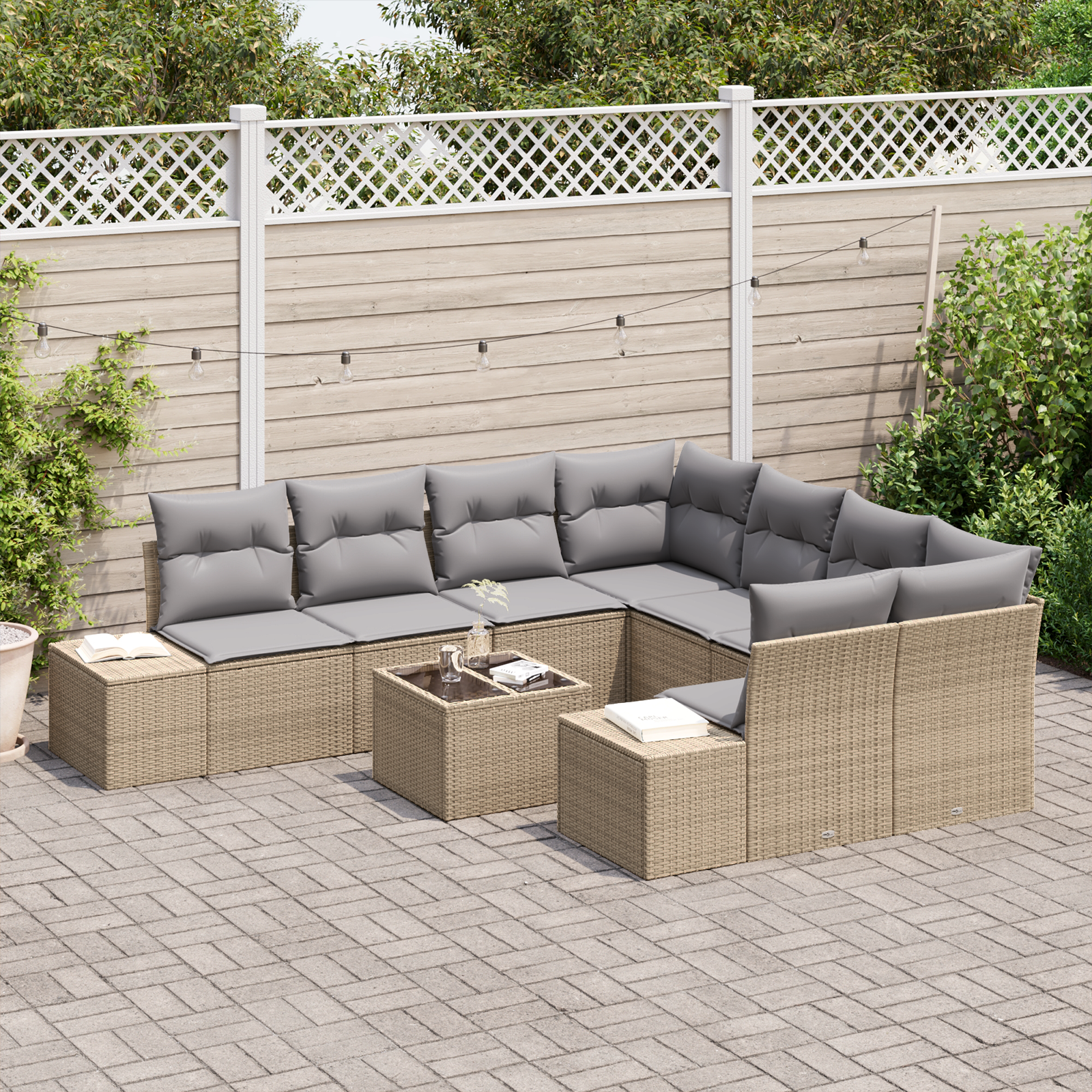Set Divano da Giardino 9 Pezzi con Cuscini Beige Polyrattan