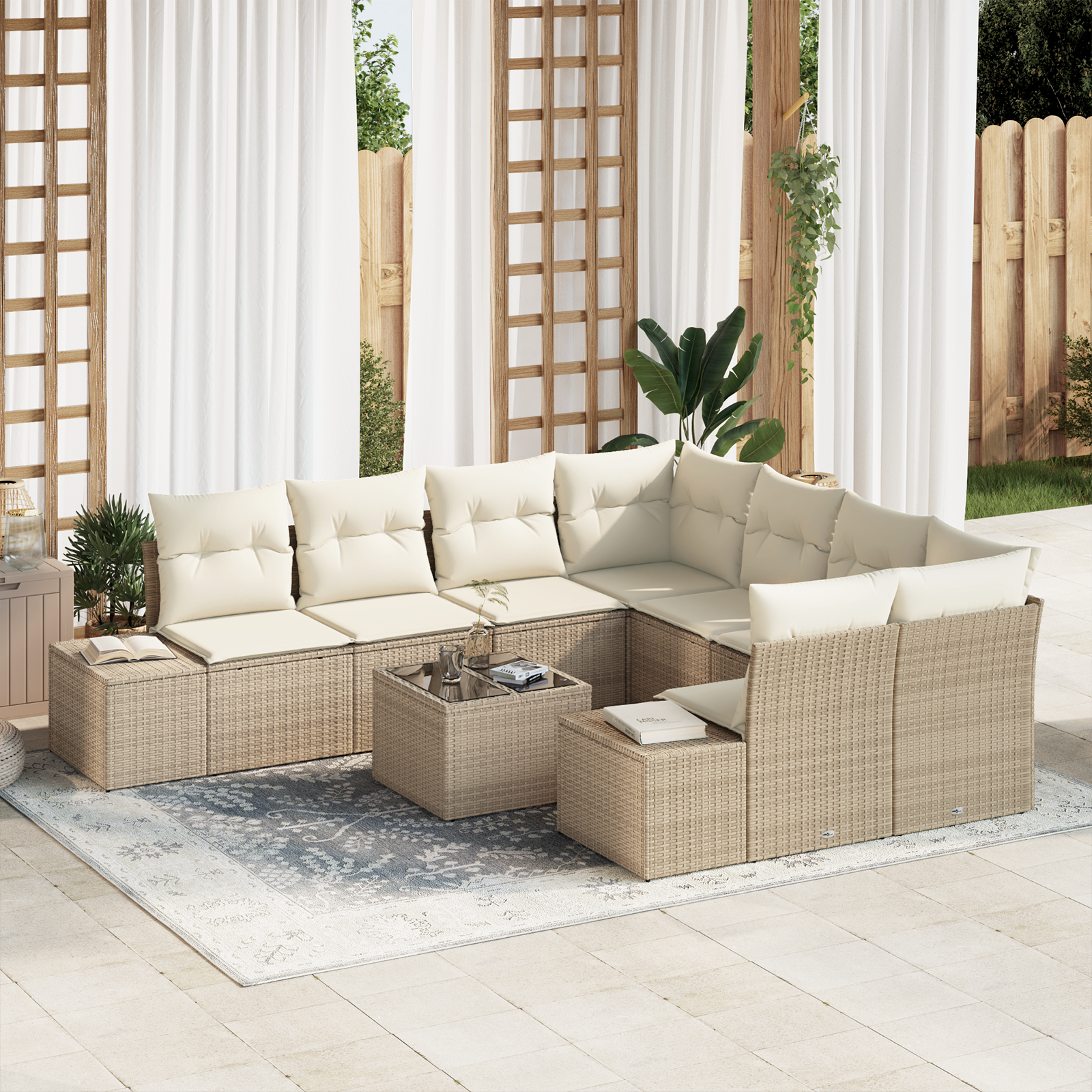 Set da giardino 9 pezzi con cuscini beige in polirattan