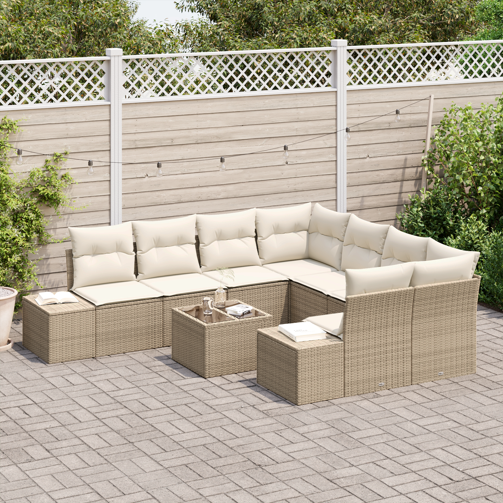 Set da giardino 9 pezzi con cuscini beige in polirattan
