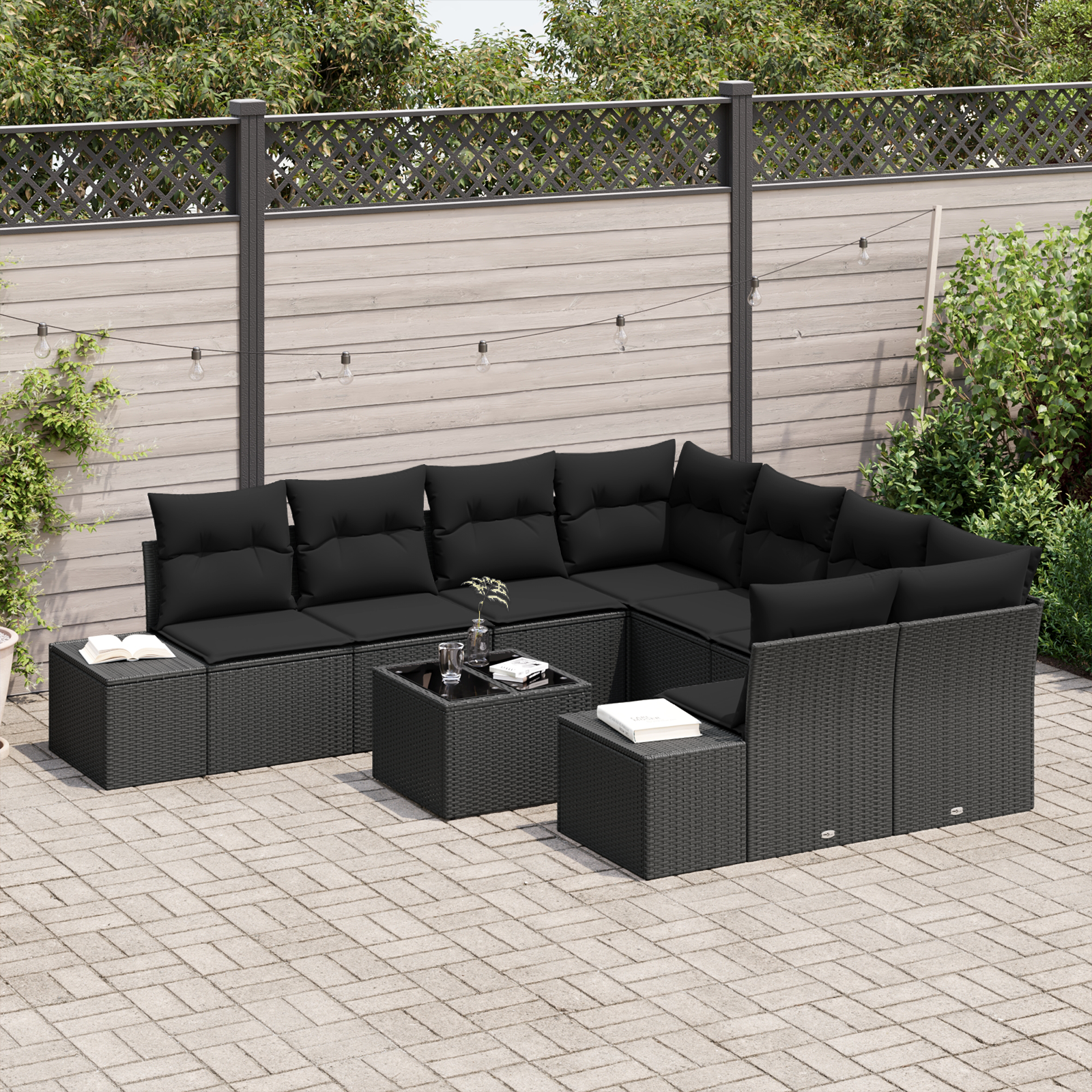 Set di divani da giardino 9 pezzi con cuscini in rattan poligonale nero