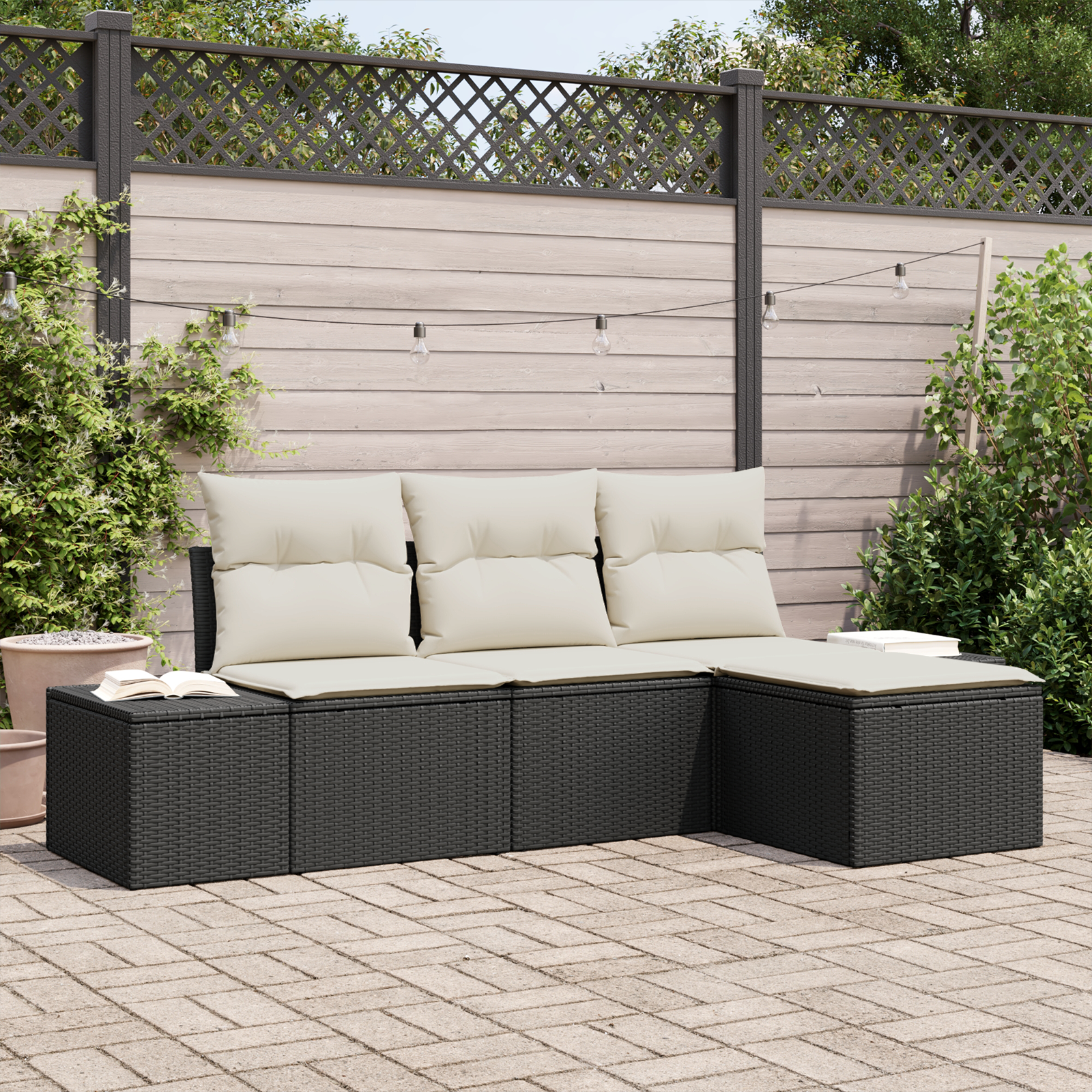 Set di divani da giardino da 4 pezzi con cuscini in polyrattan nero