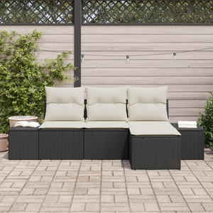 Set di divani da giardino da 4 pezzi con cuscini in polyrattan nero