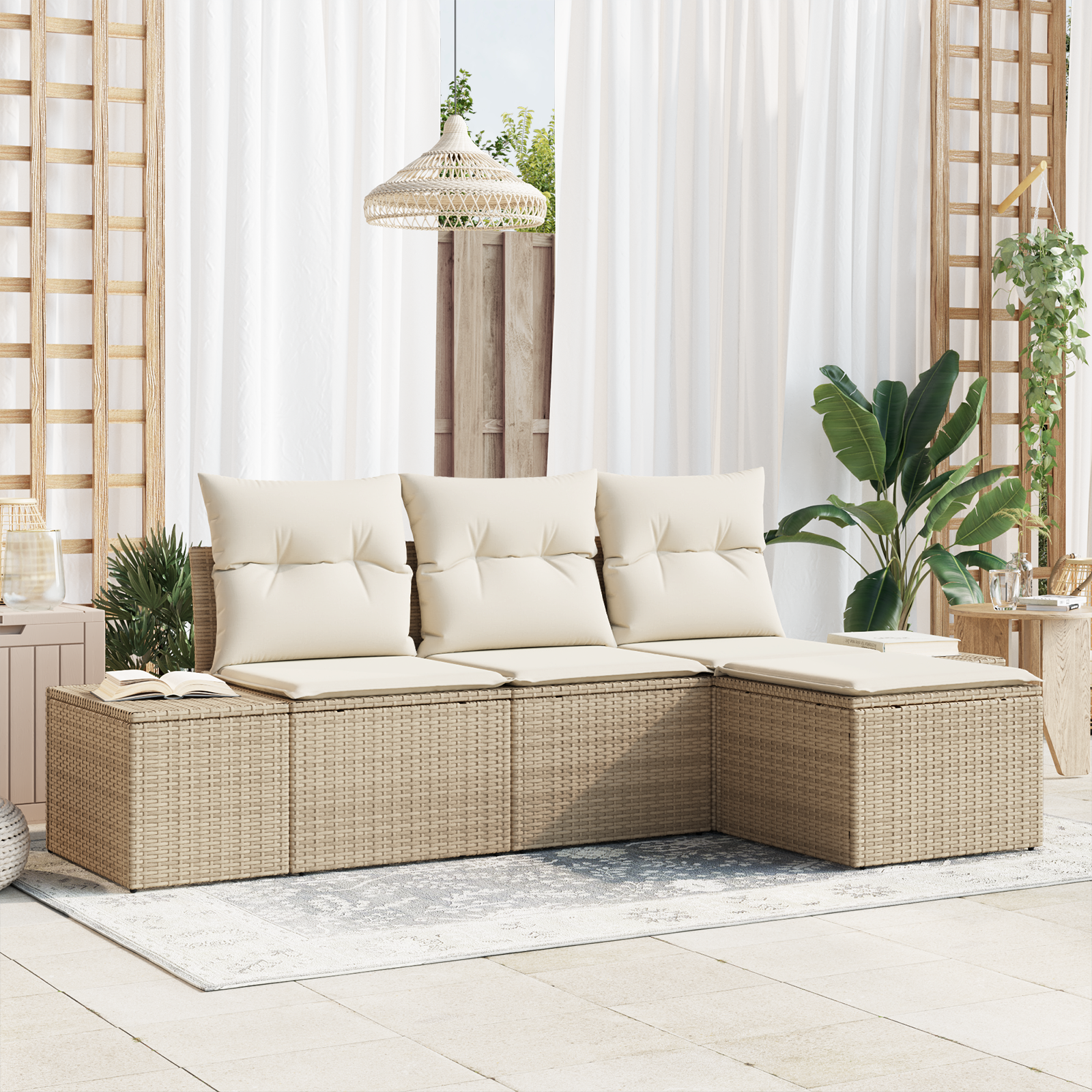 Set da Giardino a 4 Pezzi con Cuscini Beige in Polyrattan