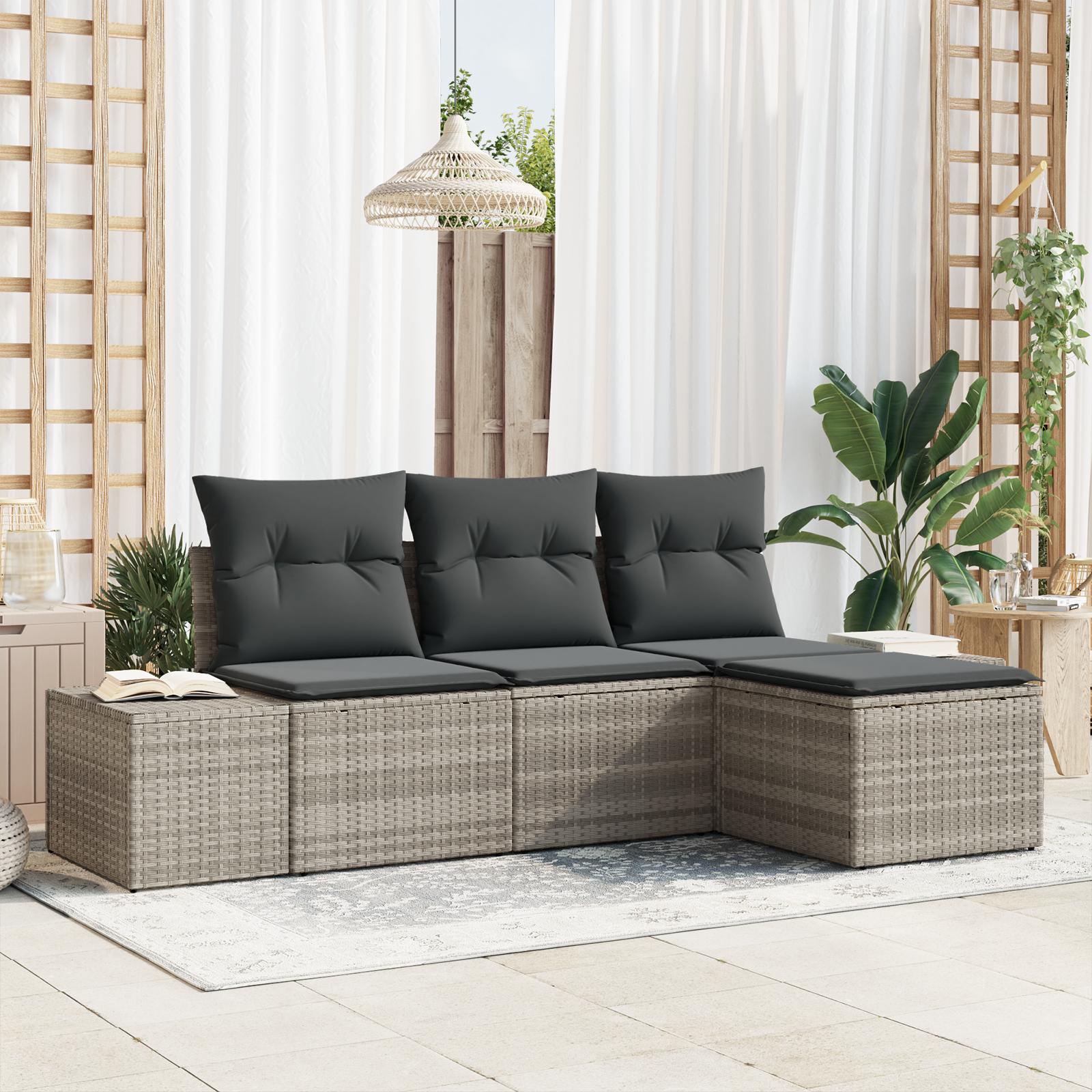 Set di divani da giardino a 4 pezzi con cuscini in polyrattan grigio chiaro