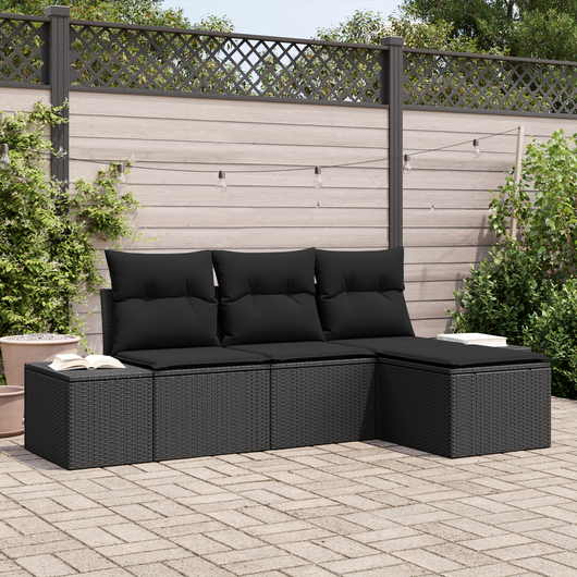 Set divano da giardino a 4 pezzi con cuscini Nero Polyrattan