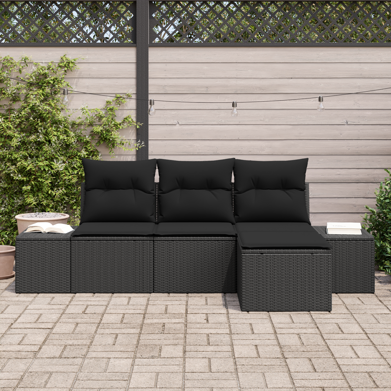 Set divano da giardino a 4 pezzi con cuscini Nero Polyrattan