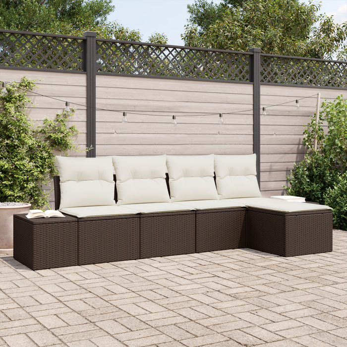 Set Divano da Giardino da 5 Pezzi con Cuscini in Rattan Poliestere Marrone