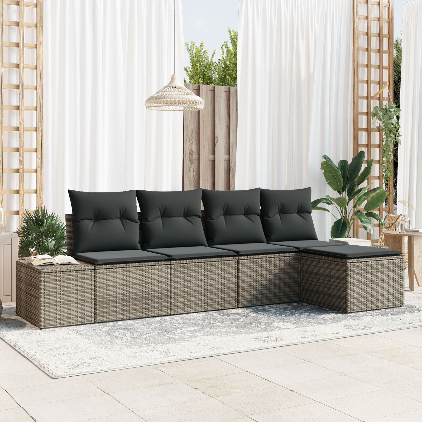 Set Divano da Giardino 5 Pezzi con Cuscini Grigio in Rattan