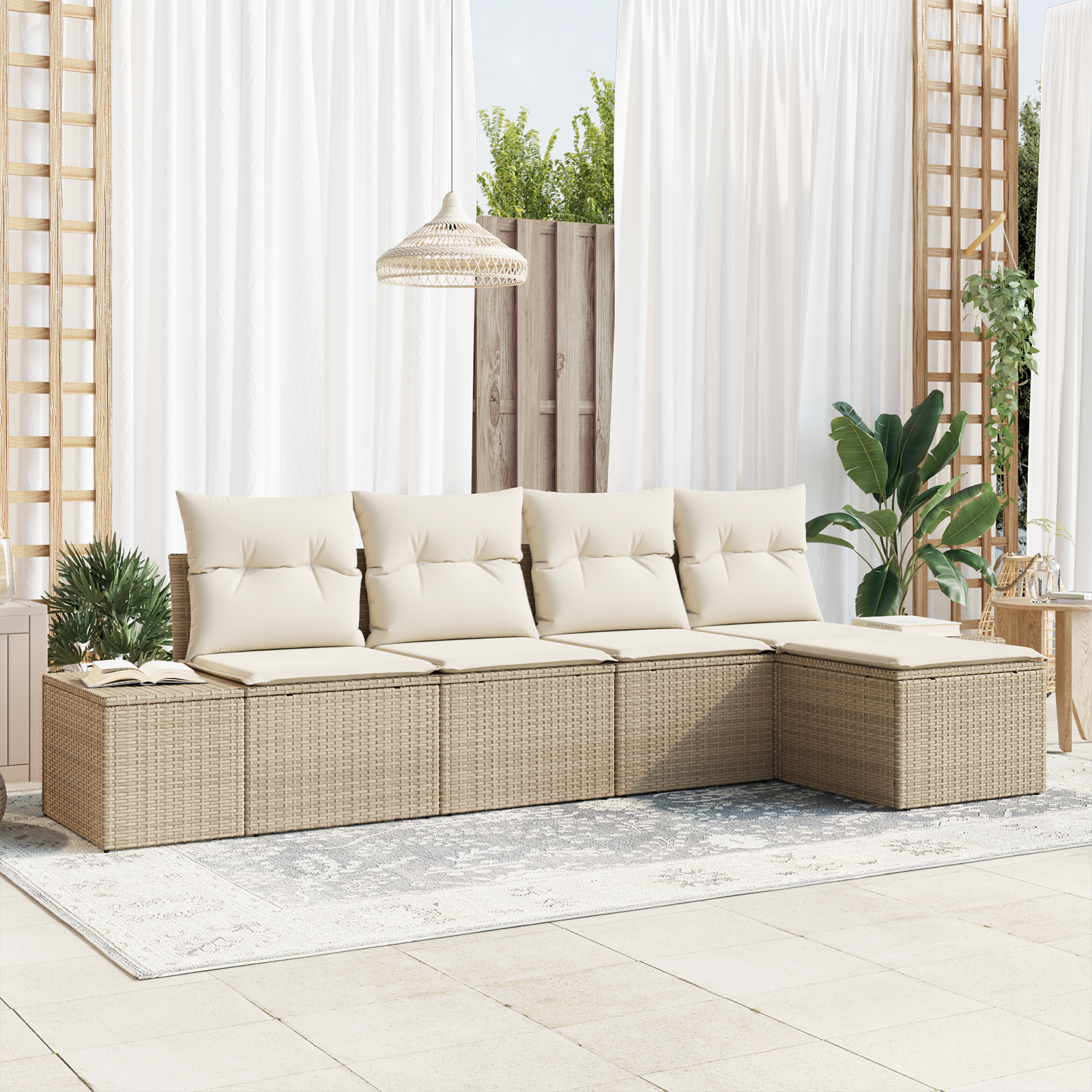 Set di Divani da Giardino in 5 Pezzi con Cuscini Beige Polyrattan