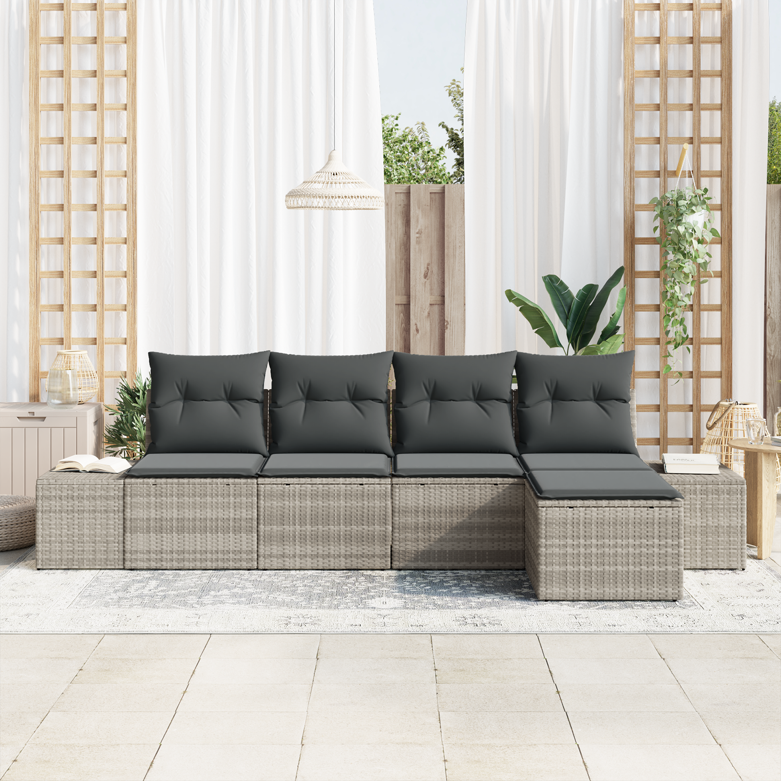 Set Divano da Giardino 5 Pezzi con Cuscini Grigio Chiaro Polyrattan