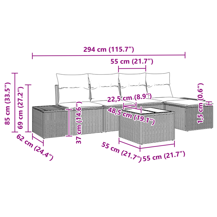 Set da Divano da Giardino a 6 pezzi con Cuscini Grigio Polyrattan