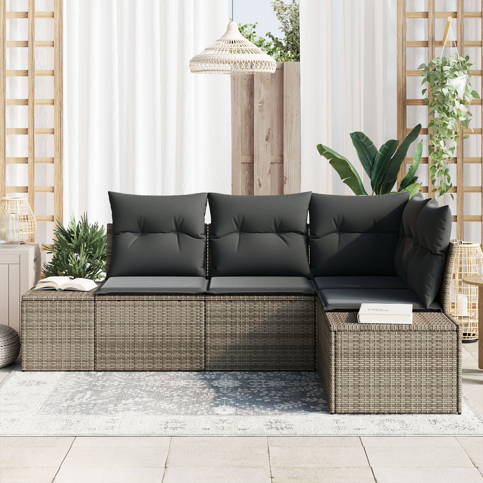 Set Divano da Giardino a 4 Pezzi con Cuscini Grigio Polyrattan