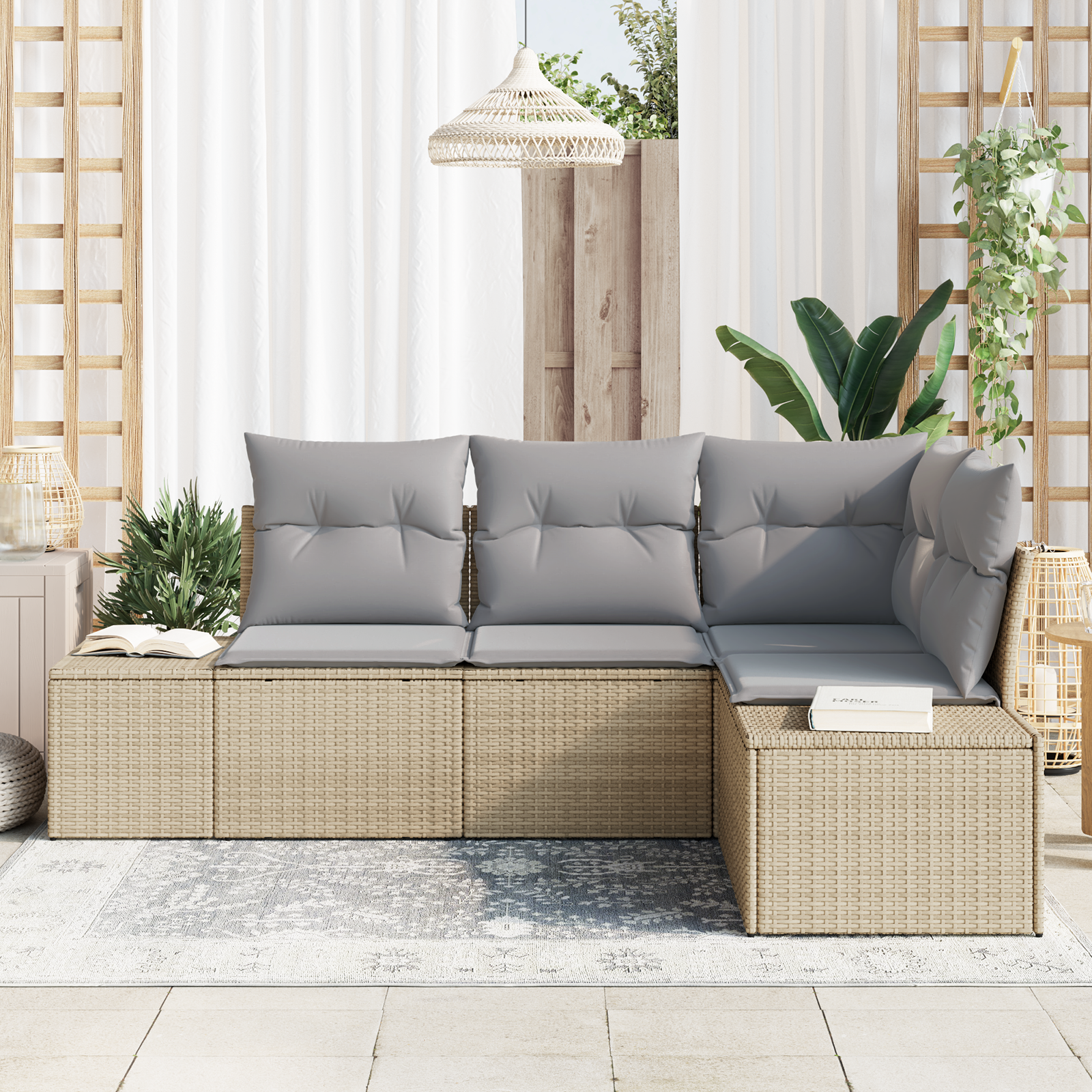 Set Divano da Giardino 4 Pezzi con Cuscini Beige in Polyrattan