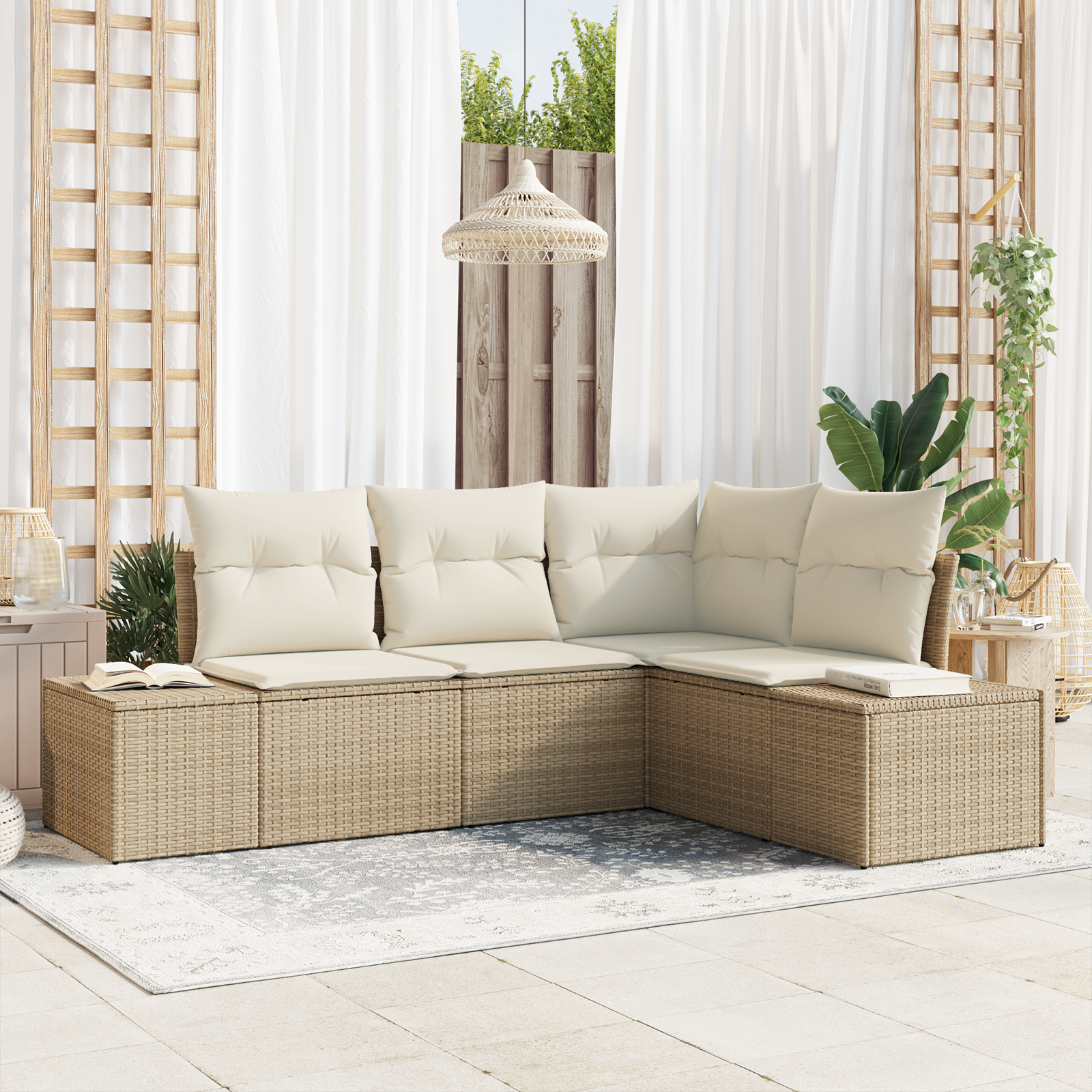 Set di divani da giardino 4 pezzi con cuscini Beige Polyrattan