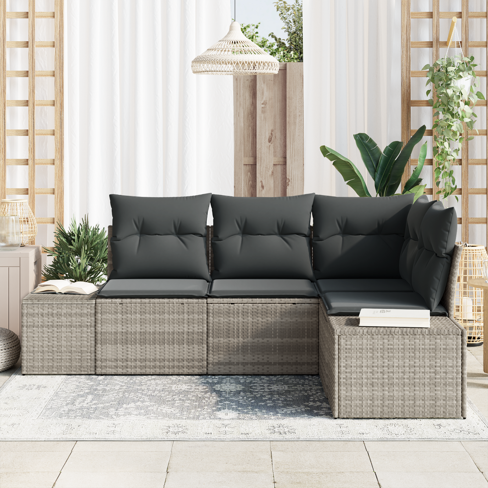 Set Divano da Giardino a 4 Pezzi con Cuscini Grigio Chiaro Rattan Sintetico