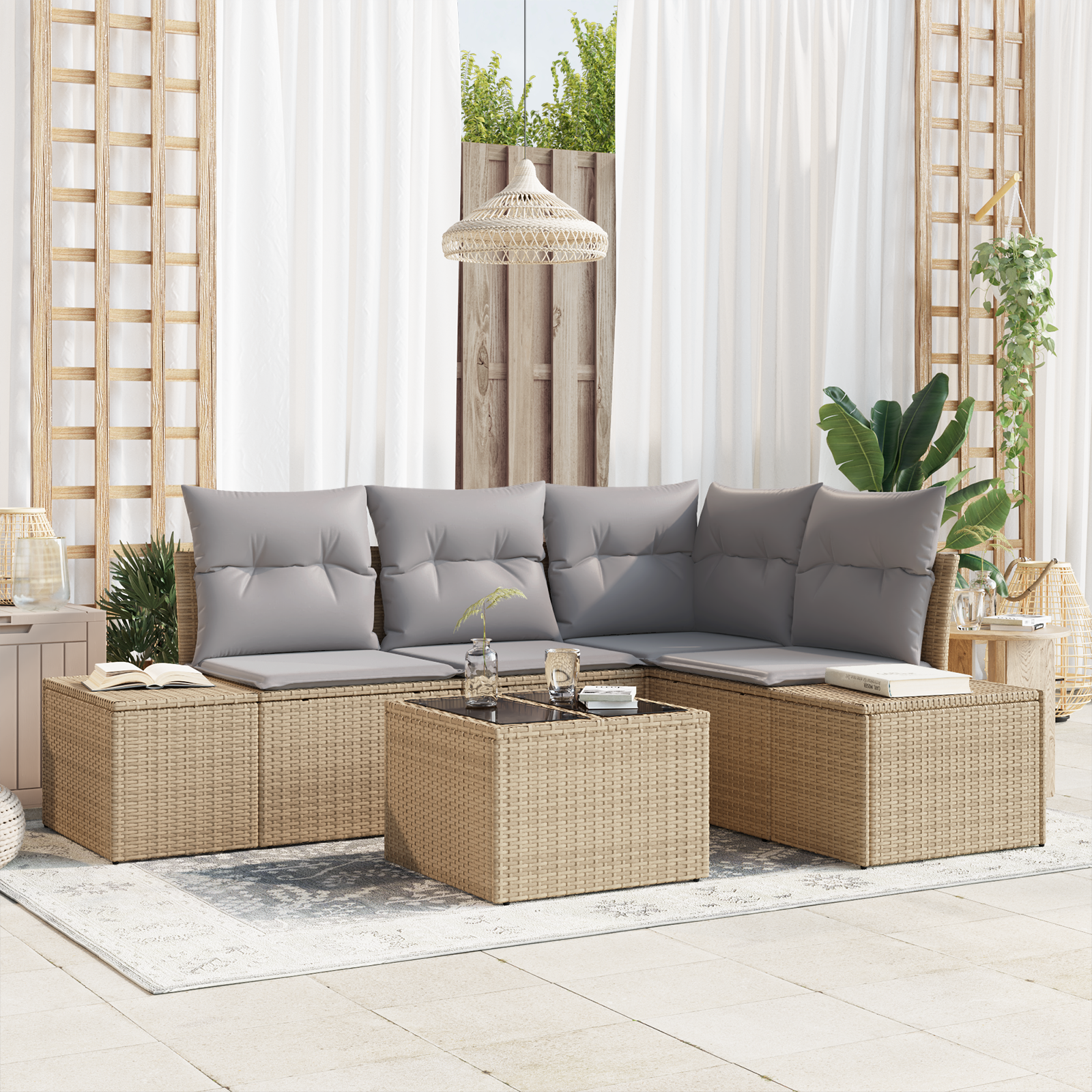 Set di divani da giardino 5 Pezzi con cuscini Nero Polyrattan