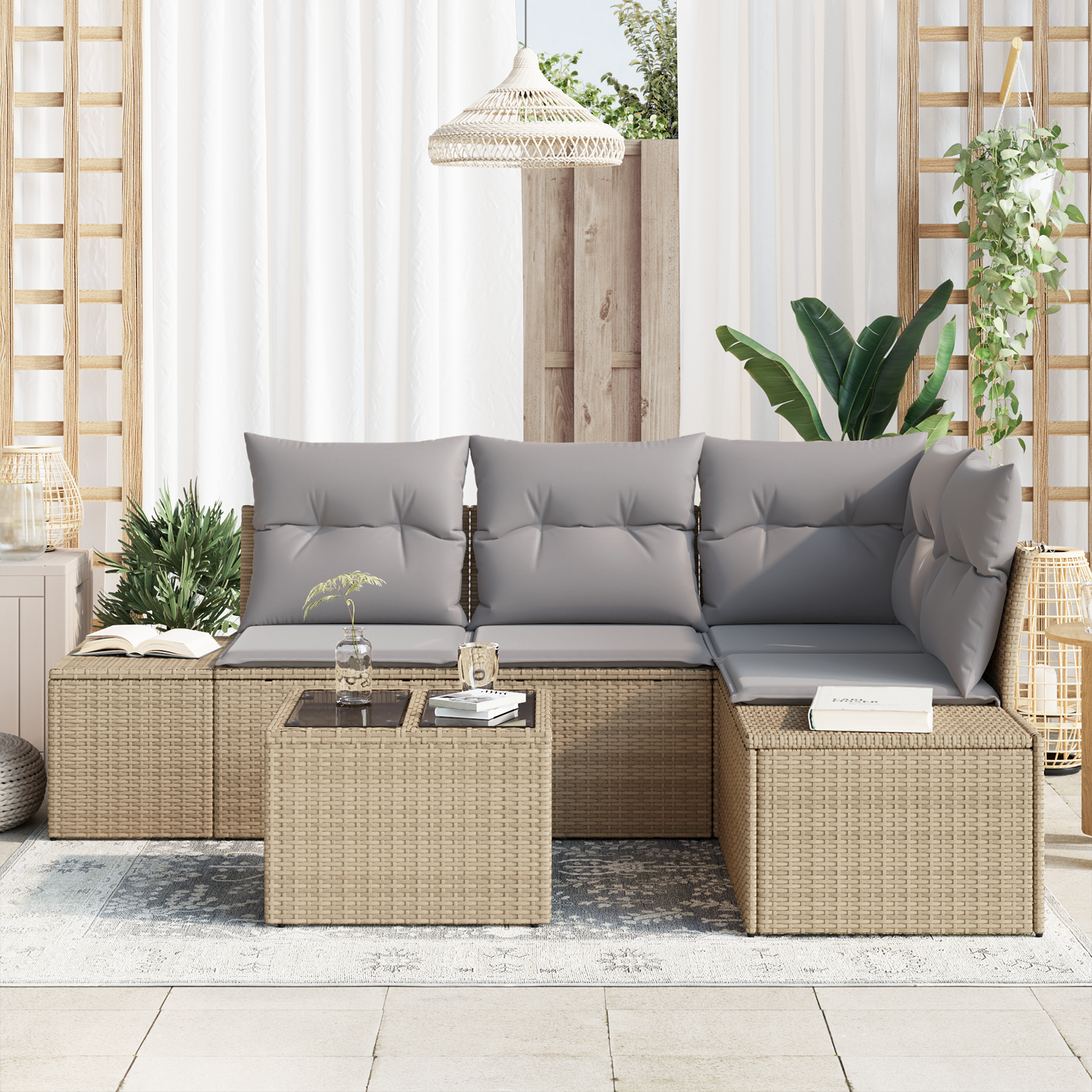 Set di divani da giardino 5 Pezzi con cuscini Nero Polyrattan