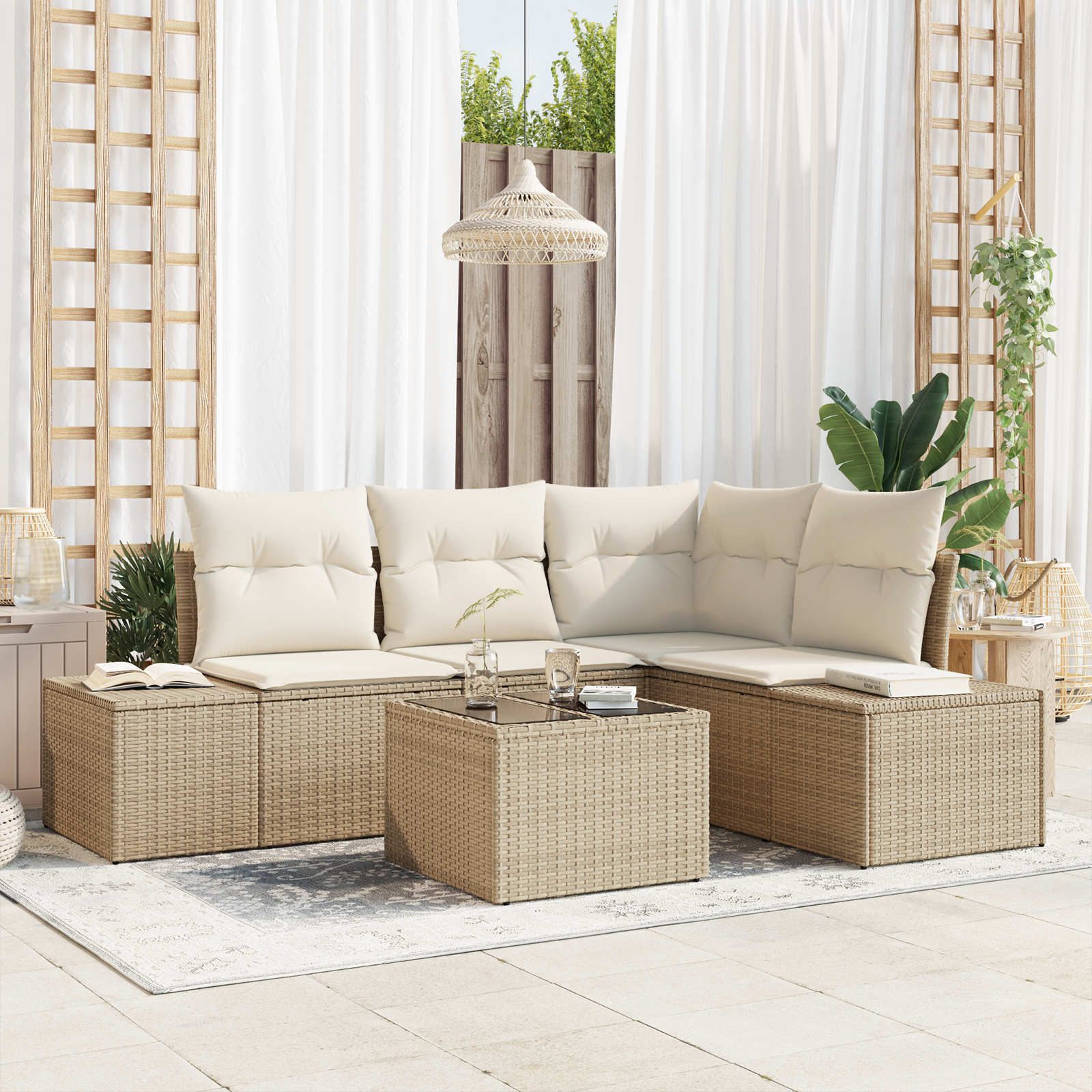 Set di Divano da Giardino 5 Pezzi con Cuscini Marrone in Rattan Polietilene