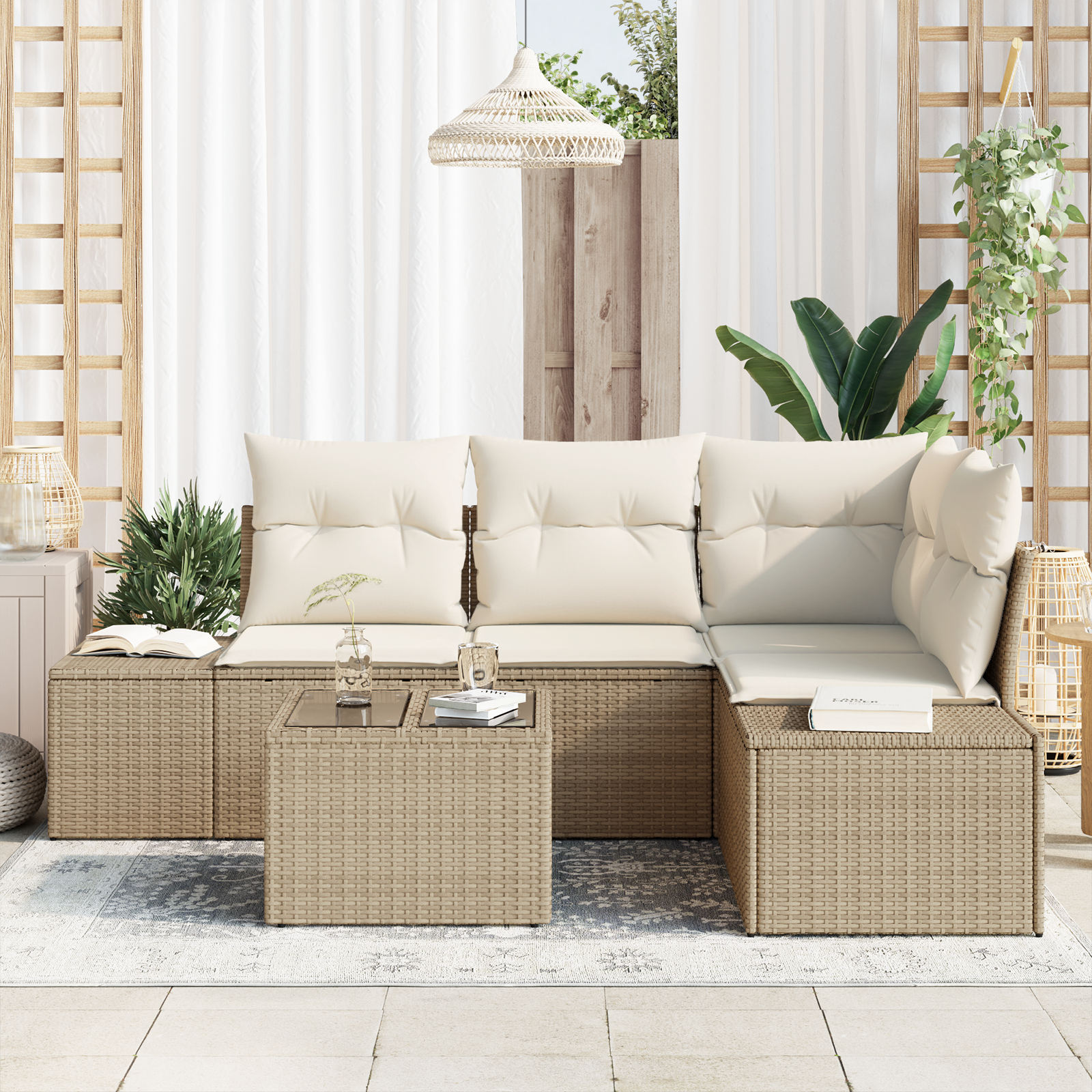Set di Divano da Giardino 5 Pezzi con Cuscini Marrone in Rattan Polietilene