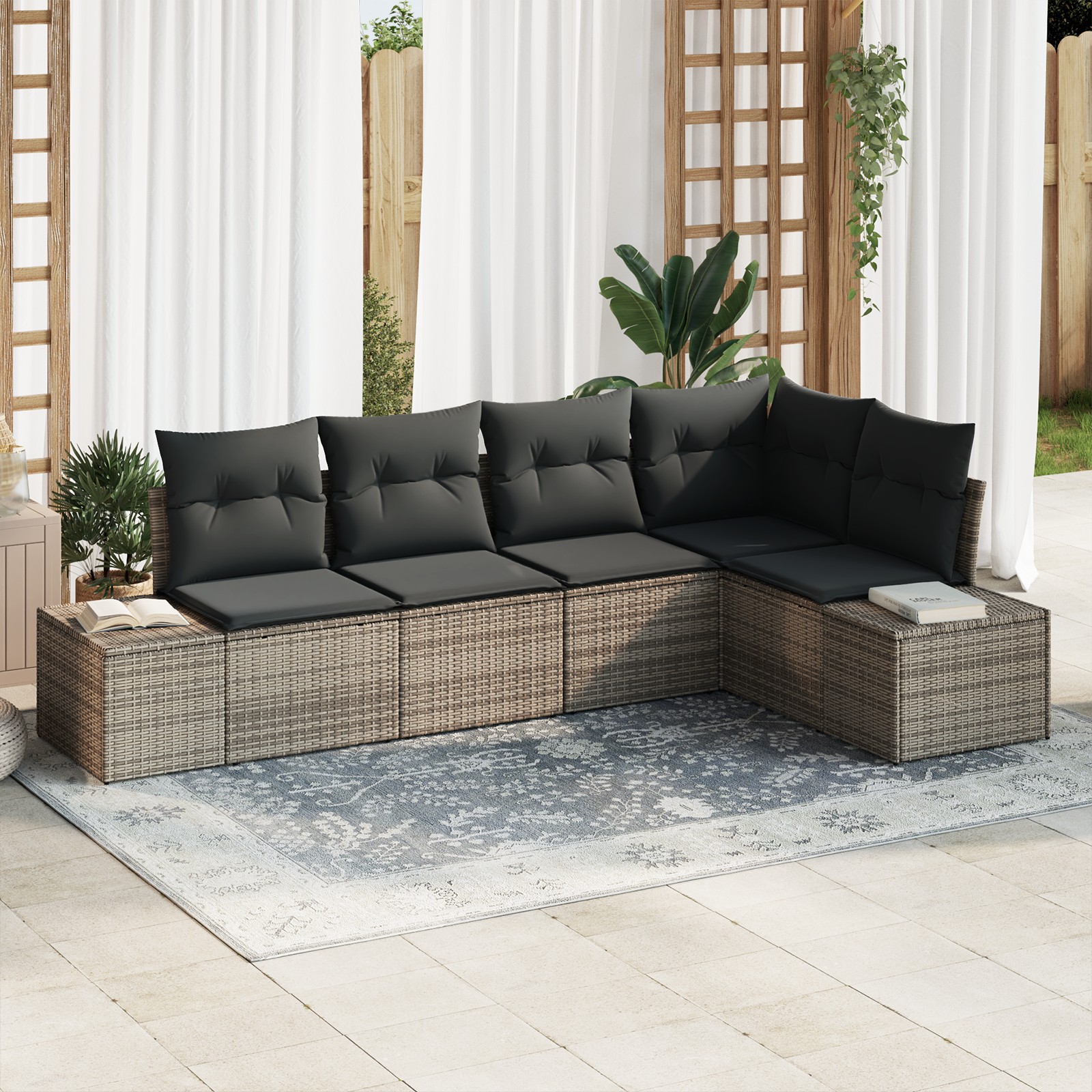Set Divano da Giardino 5 Pezzi con Cuscini Grigio Polyrattan