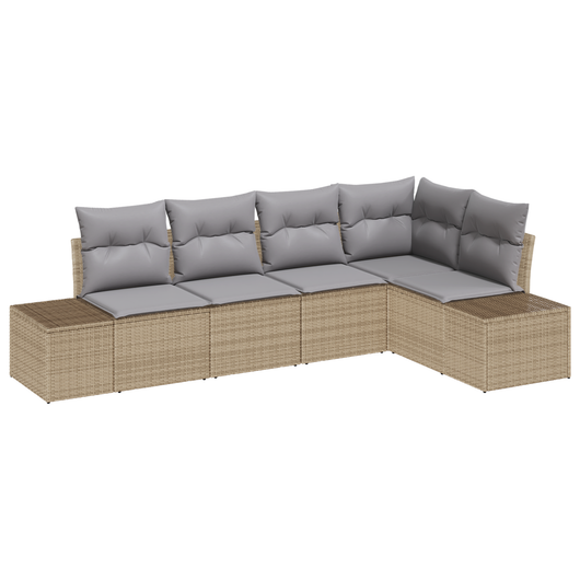 Set Divano da Giardino da 5 Pezzi con Cuscini Beige in Rattan Sintetico