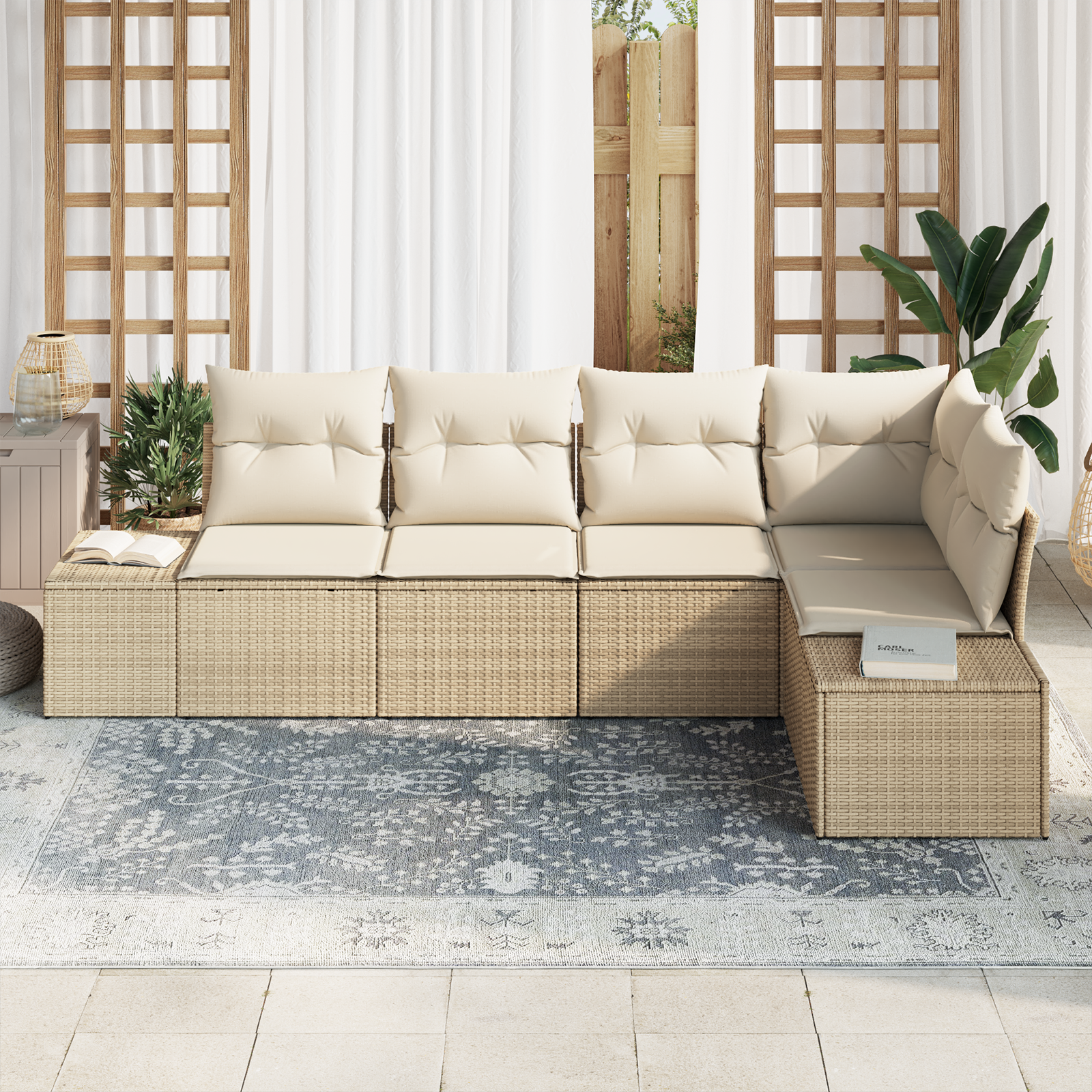 Set divano da giardino 5 pezzi con cuscini rattan beige