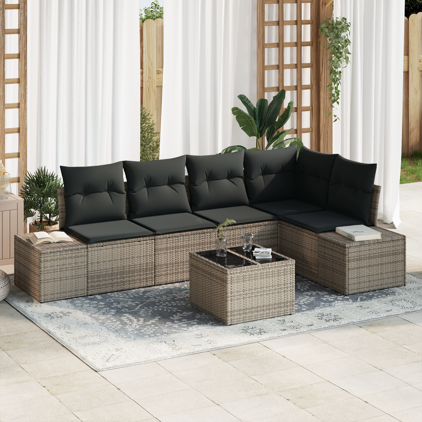 Set Divano da Giardino 5 Pezzi con Cuscini Nero Polyrattan