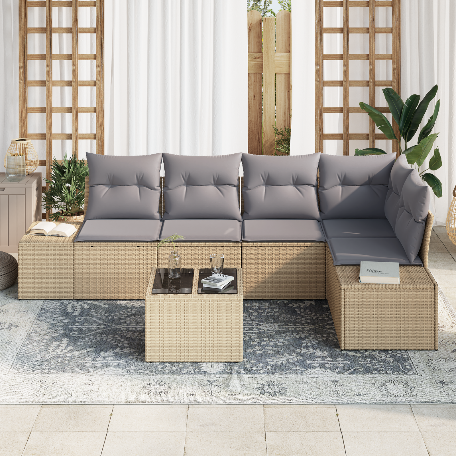 Set divano da giardino a 6 pezzi con cuscini in polirattan nero