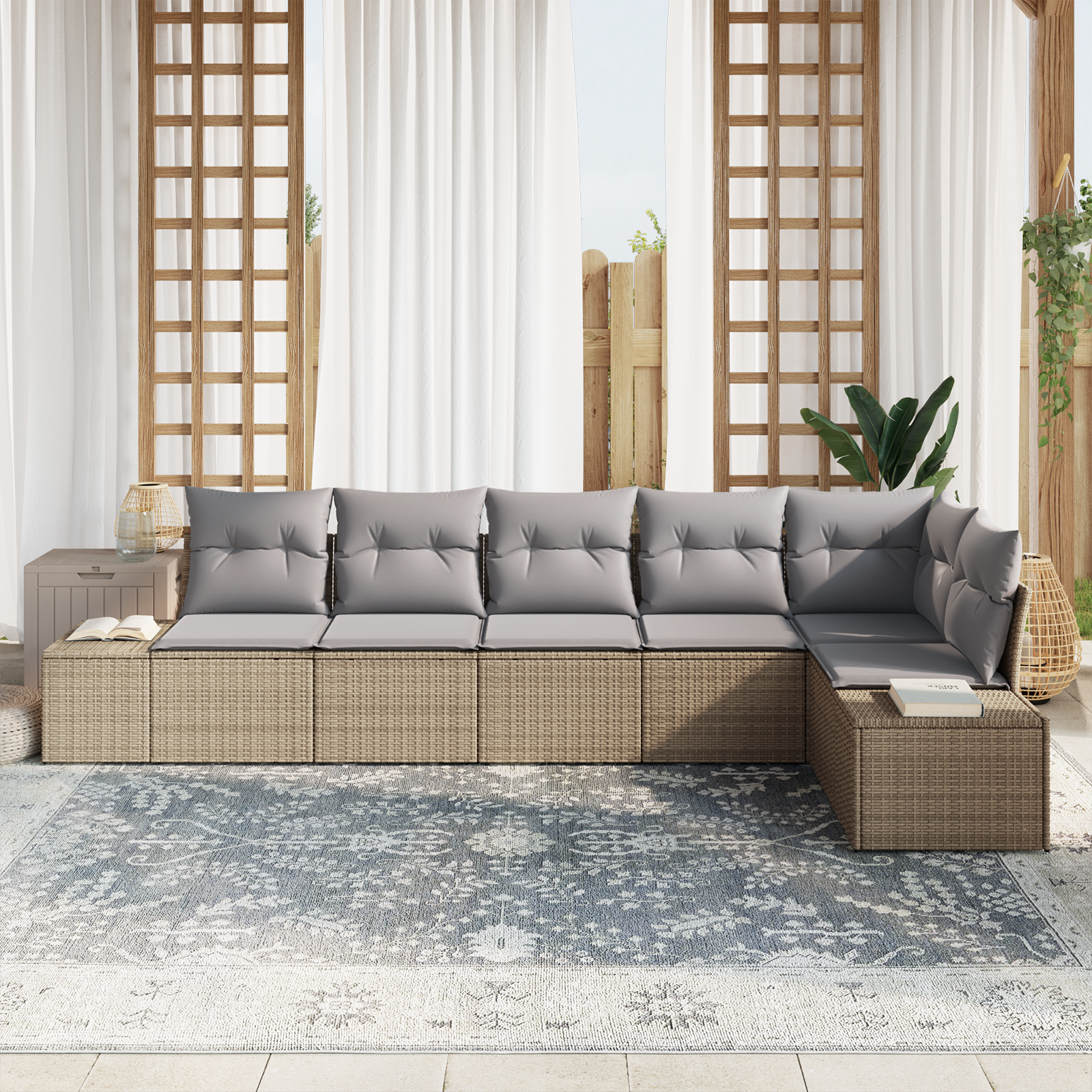 Set Divano da Giardino a 6 Pezzi con Cuscini Beige in Rattan