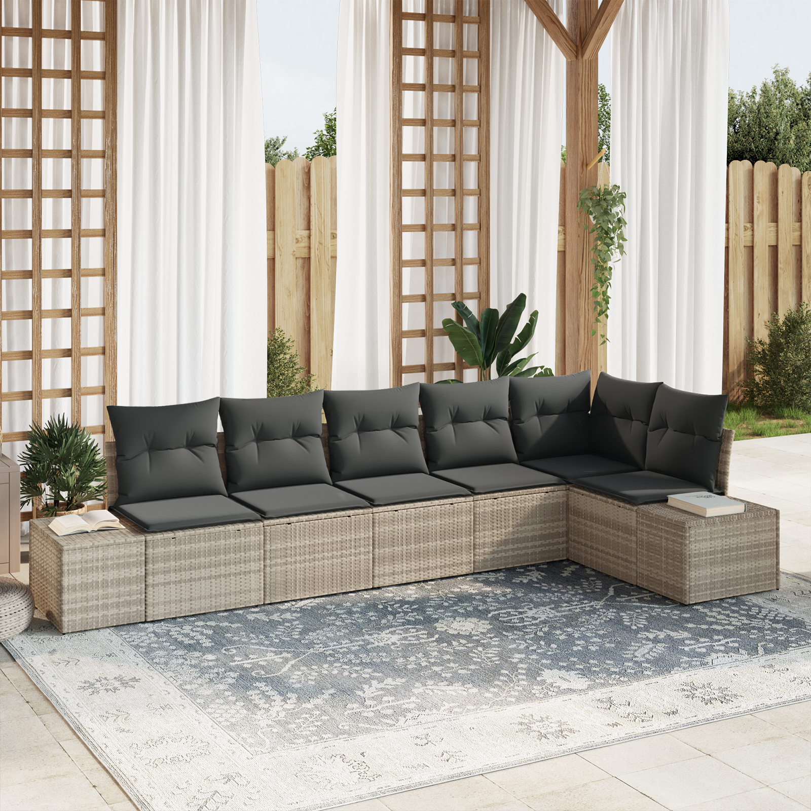Set Divano da Giardino 6 Pezzi con Cuscini Grigio Chiaro in Rattan Polietilene.