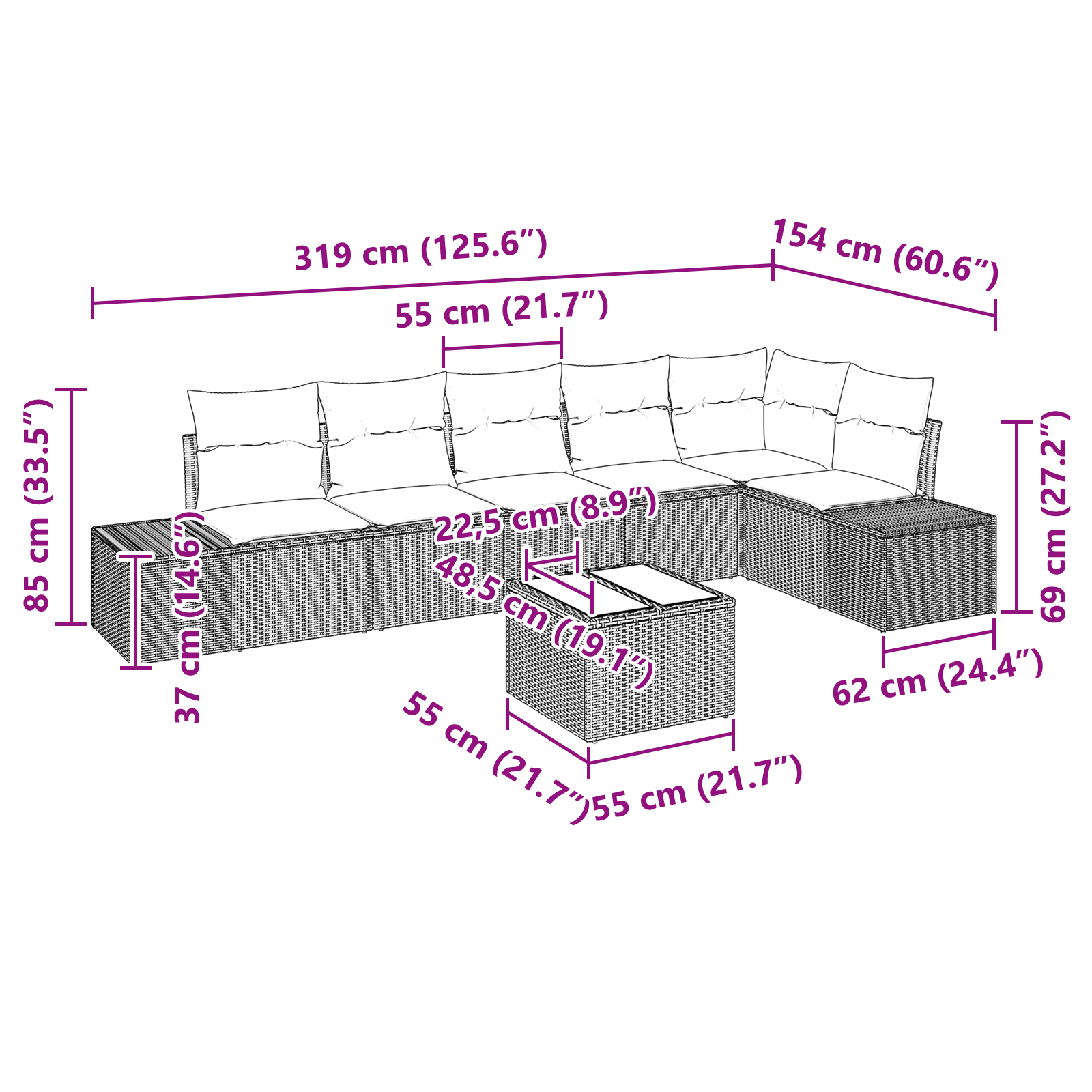 Set di Divani da Giardino da 6 Pezzi con Cuscini in Polyrattan Nero