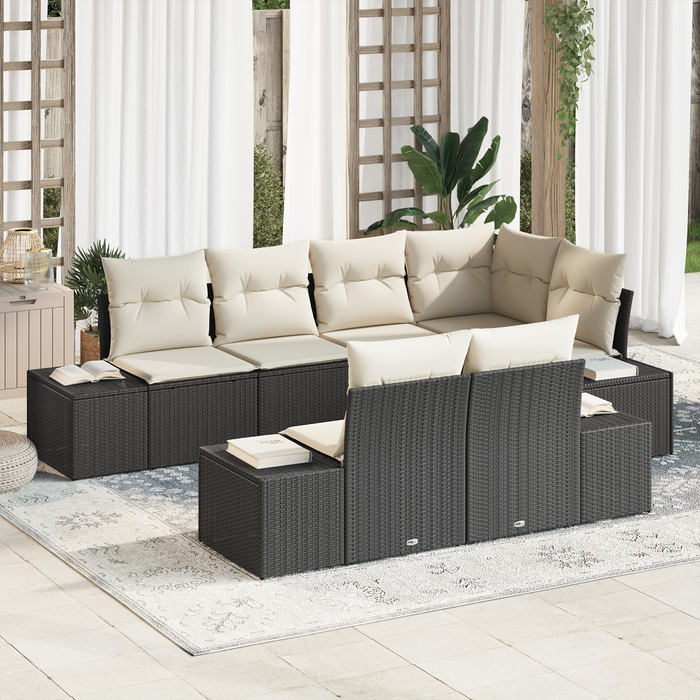 Set di Divani da Giardino 7 Pezzi con Cuscini Nero Rattan Polimerico