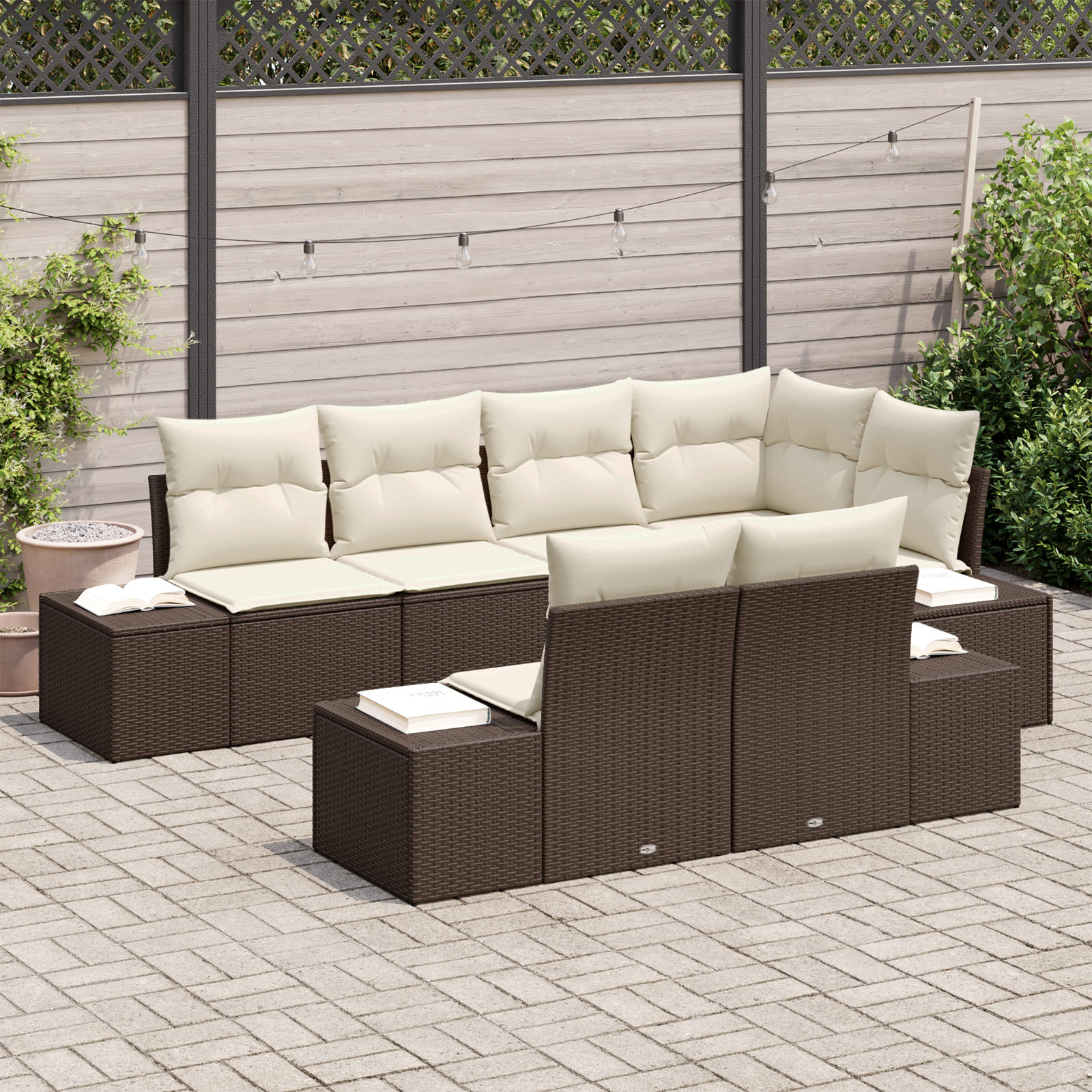 Set Divano da Giardino da 7 Pezzi con Cuscini Marrone Rattan Polimerico